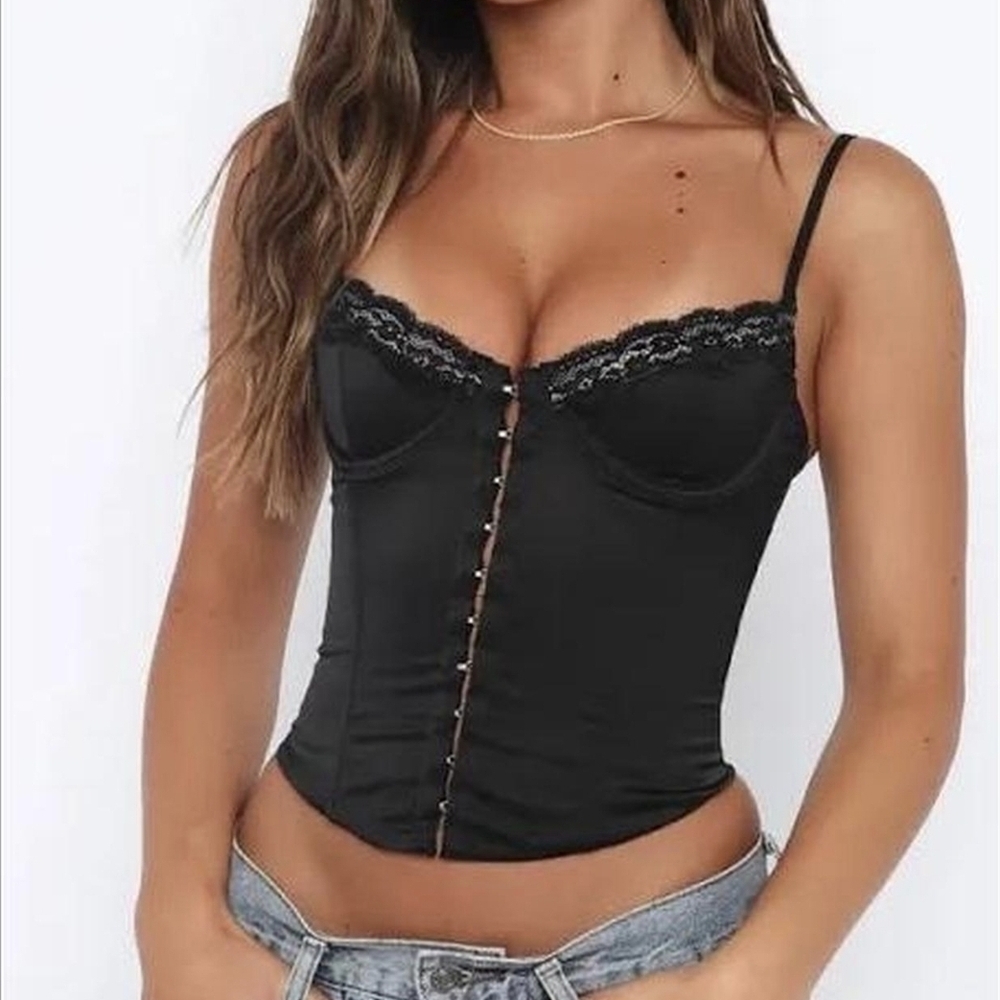 White Fox- Black Lace Trim Corset Top